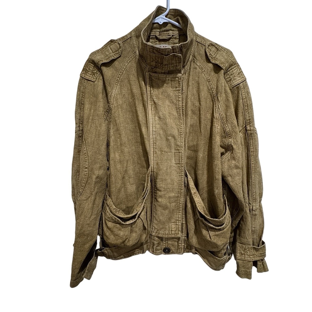 Free People Jade Safari Bomber Jacket Embroidered Trim Linen Gold Brown S Visco